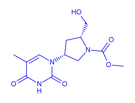 Molecular Structure of 121330-17-4 (methyl (2R,4R)-2-(hydroxymethyl)-4-(5-methyl-2,4-dioxo-3,4-dihydropyrimidin-1(2H)-yl)pyrrolidine-1-carboxylate)