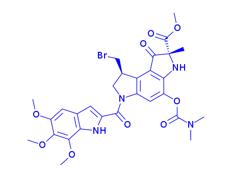 Molecular Structure of 129953-23-7 (methyl 8-(bromomethyl)-4-[(dimethylcarbamoyl)oxy]-2-methyl-1-oxo-6-[(5,6,7-trimethoxy-1H-indol-2-yl)carbonyl]-1,2,3,6,7,8-hexahydropyrrolo[3,2-e]indole-2-carboxylate)
