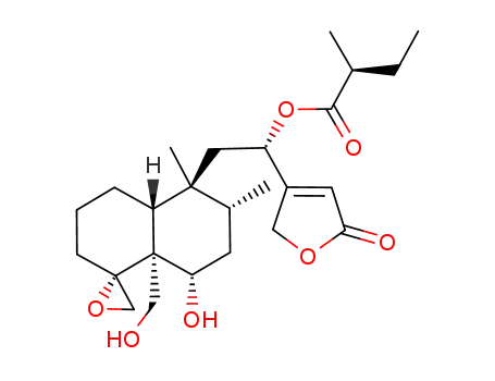 Molecular Structure of 122587-85-3 (Butanoic acid,2-methyl-,(1S)-1-(2,5-dihydro-5-oxo-3-furanyl)-2-[(1R,4aR,5S,6R,8S,8aR)-octahydro-8-hydroxy-8a-(hydroxymethyl)-5,6-dimethylspiro[naphthalene-1(2H),2'-oxiran]-5-yl]ethylester, (2S)- (9CI))
