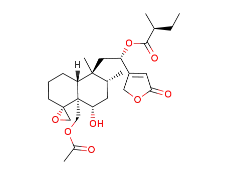 Molecular Structure of 123297-98-3 (Butanoic acid,2-methyl-,(1S)-2-[(1R,4aR,5S,6R,8S,8aR)-8a-[(acetyloxy)methyl]octahydro-8-hydroxy-5,6-dimethylspiro[naphthalene-1(2H),2'-oxiran]-5-yl]-1-(2,5-dihydro-5-oxo-3-furanyl)ethylester, (2S)-)
