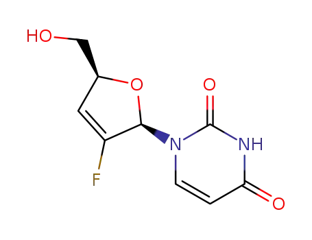 Molecular Structure of 122757-52-2 (1-[(2R,5S)-3-fluoro-5-(hydroxymethyl)-2,5-dihydrofuran-2-yl]pyrimidine-2,4(1H,3H)-dione)