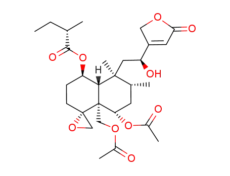 Molecular Structure of 121521-88-8 (Butanoic acid,2-methyl-,(1R,4R,4aR,5S,6R,8S,8aR)-8-(acetyloxy)-8a-[(acetyloxy)methyl]-5-[(2S)-2-(2,5-dihydro-5-oxo-3-furanyl)-2-hydroxyethyl]octahydro-5,6-dimethylspiro[naphthalene-1(2H),2'-oxiran]-4-ylester, (2S)-)
