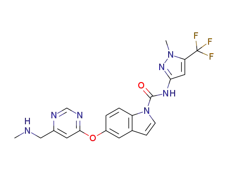 Molecular Structure of 1229453-99-9 (N-(1-methyl-5-(trifluoromethyl)-1H-pyrazol-3-yl)-5-((6-((methylamino)methyl)pyrimidin-4-yl)oxy)-1H-indole-1-carboxamide)