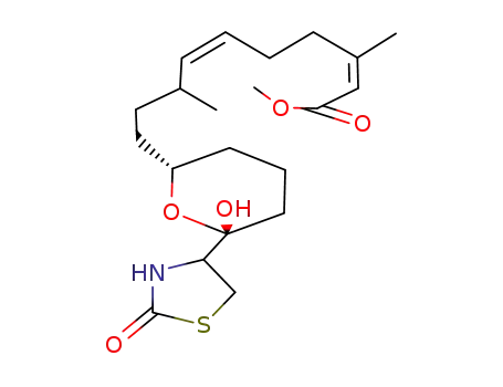 Molecular Structure of 122876-49-7 (methyl (2Z,6Z,8S)-10-{(2S,6R)-6-hydroxy-6-[(4R)-2-oxo-1,3-thiazolidin-4-yl]tetrahydro-2H-pyran-2-yl}-3,8-dimethyldeca-2,6-dienoate)