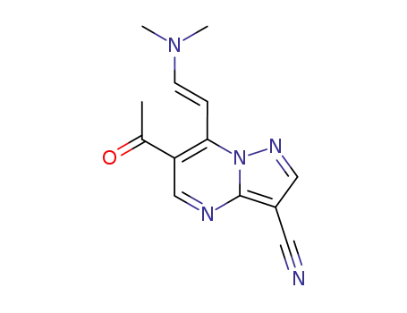 Molecular Structure of 130506-87-5 (6-ACETYL-7-[2-(DIMETHYLAMINO)VINYL]PYRAZOLO[1,5-A]PYRIMIDINE-3-CARBONITRILE)
