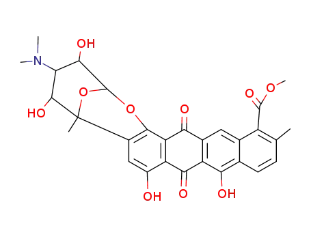 Molecular Structure of 11052-69-0 ((2R)-4α-(Dimethylamino)-3,4,5,6,9,16-hexahydro-3β,5β,8,10-tetrahydroxy-6,13-dimethyl-9,16-dioxo-2α,6α-epoxy-2H-naphthaceno[1,2-b]oxocin-14-carboxylic acid methyl ester)