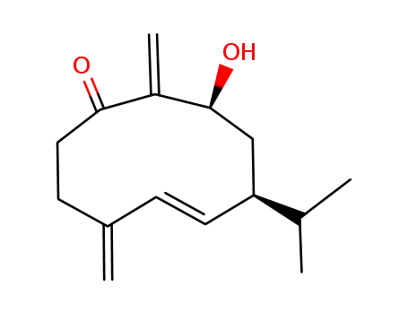 Molecular Structure of 189359-16-8 ((E)-(7S,9S)-9-Hydroxy-7-isopropyl-4,10-dimethylene-cyclodec-5-enone)