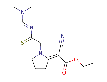 Molecular Structure of 111038-14-3 (ethyl (2E)-2-cyano-2-[1-[((Z)-dimethylaminomethylidenethiocarbamoyl)me thyl]pyrrolidin-2-ylidene]acetate)
