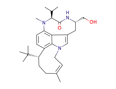 Molecular Structure of 121530-46-9 ((3S,5Z,10Z,12S,13Z)-12-tert-butyl-3-(hydroxymethyl)-9,15-dimethyl-16-(1-methylethyl)-3,4,7,9,12,15-hexahydroazonino[3,2,1-hi][1,4]diazonino[7,6,5-cd]indol-1(2H)-ol)
