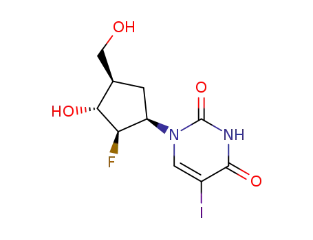 Molecular Structure of 110864-93-2 (1-((1,2,3,4)-2-Fluoro-3-hydroxy-4-( hydroxymethyl)cyclopentyl)-5-iodo- 2,4(1H,3H)-pyrimidinedione)