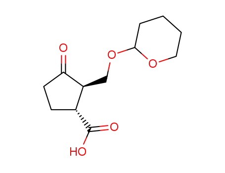 Molecular Structure of 1469357-21-8 ((2R)-(tetrahydropyran-2-yloxymethyl)cyclopentanone-(3R)-carboxylic acid)