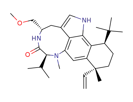 Molecular Structure of 110187-21-8 ((4S,7S,10R,13R)-10-Ethenyl-1,3,4,5,7,8,10,11,12,13-decahydro-4-(methoxymethyl)-8,10-dimethyl-7-(1-methylethyl)-13-(tert-butyl)-6H-benzo[g][1,4]diazonino[7,6,5-cd]indol-6-one)
