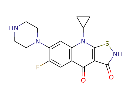 Molecular Structure of 111279-87-9 (6-Fluoro-7-(piperazin-1-yl)-9-cyclopropylisothiazolo[5,4-b]quinoline-3,4(2H,9H)-dione)
