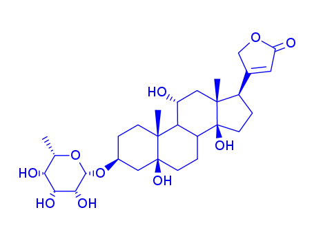 Molecular Structure of 26295-58-9 (Card-20(22)-enolide,3-[(6-deoxy-a-L-glucopyranosyl)oxy]-5,11,14-trihydroxy-,(3b,5b,11a)- (9CI))