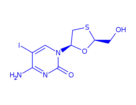 Molecular Structure of 145986-32-9 (4-amino-1-[(2R,5R)-2-(hydroxymethyl)-1,3-oxathiolan-5-yl]-5-iodopyrimidin-2(1H)-one)