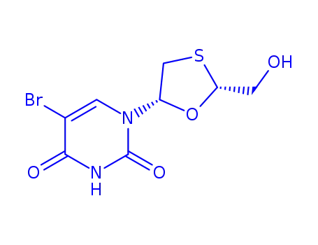 Molecular Structure of 149819-49-8 (5-bromo-1-[(2S,5R)-2-(hydroxymethyl)-1,3-oxathiolan-5-yl]pyrimidine-2,4(1H,3H)-dione)