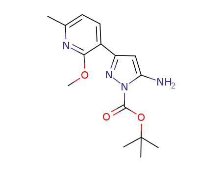Molecular Structure of 1375637-52-7 (5-amino-3-(2-methoxy-6-methyl-pyridin-3-yl)-pyrazole-1-carboxylic acid tert-butyl ester)