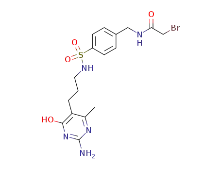 Molecular Structure of 13822-26-9 (N-(4-{[3-(2-amino-6-methyl-4-oxo-1,4-dihydropyrimidin-5-yl)propyl]sulfamoyl}benzyl)-2-bromoacetamide)
