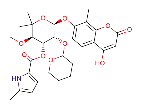 Molecular Structure of 200726-93-8 (5-methyl-1H-pyrrole-2-carboxylic acid-3'-ester of 7-[(6-deoxy-5-C-methyl-4-O-(tetrahydro-2H-pyran-2-yl)-alpha-L-lyxo-hexopyranosyl)oxy]-4-hydroxy-8-methyl-2H-1-benzopyran-2-one)