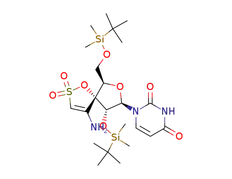 Molecular Structure of 141845-83-2 (1-[(6R,8R,9R)-4-amino-9-{[tert-butyl(dimethyl)silyl]oxy}-6-({[tert-butyl(dimethyl)silyl]oxy}methyl)-2,2-dioxido-1,7-dioxa-2-thiaspiro[4.4]non-3-en-8-yl]pyrimidine-2,4(1H,3H)-dione)