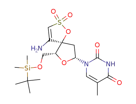 Molecular Structure of 141684-49-3 (1-[(6R,8R)-4-amino-6-({[tert-butyl(dimethyl)silyl]oxy}methyl)-2,2-dioxido-1,7-dioxa-2-thiaspiro[4.4]non-3-en-8-yl]-5-methylpyrimidine-2,4(1H,3H)-dione)