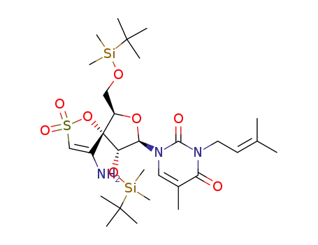 Molecular Structure of 142102-82-7 (1-[(6R,8R,9R)-4-amino-9-{[tert-butyl(dimethyl)silyl]oxy}-6-({[tert-butyl(dimethyl)silyl]oxy}methyl)-2,2-dioxido-1,7-dioxa-2-thiaspiro[4.4]non-3-en-8-yl]-5-methyl-3-(3-methylbut-2-en-1-yl)pyrimidine-2,4(1H,3H)-dione)