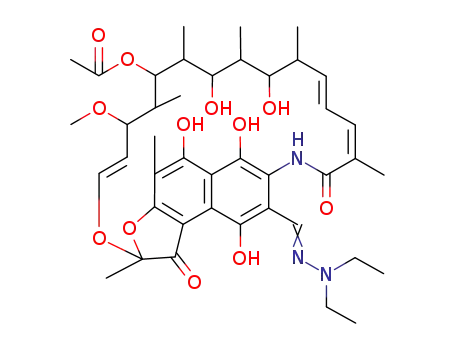 Molecular Structure of 13292-35-8 ((2S,8E,16S,17S,18R,19R,20R,21S,22R,23S,24E)-8-[(2,2-diethylhydrazino)methylidene]-5,6,17,19-tetrahydroxy-23-methoxy-2,4,12,16,18,20,22-heptamethyl-1,9,11-trioxo-1,2,8,9-tetrahydro-2,7-(epoxypentadeca[1,11,13]trienoimino)naphtho[2,1-b]furan-21-yl acetate)