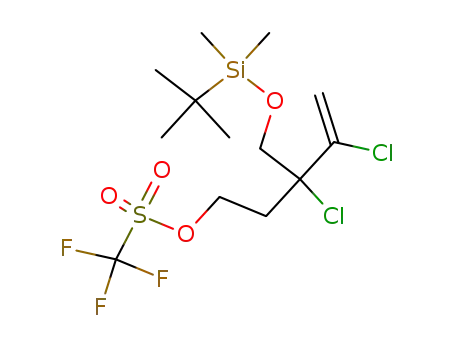 Molecular Structure of 214344-79-3 (Trifluoro-methanesulfonic acid 3-(tert-butyl-dimethyl-silanyloxymethyl)-3,4-dichloro-pent-4-enyl ester)