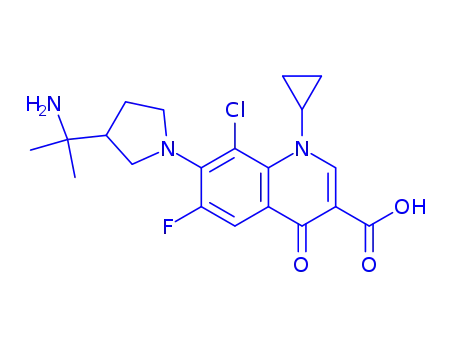 Molecular Structure of 143158-17-2 (7-[(3R)-3-(2-aminopropan-2-yl)pyrrolidin-1-yl]-8-chloro-1-cyclopropyl-6-fluoro-4-oxo-1,4-dihydroquinoline-3-carboxylic acid)