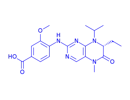 Molecular Structure of 1333493-13-2 ((R)-4-(7-Ethyl-8-isopropyl-5-Methyl-6-oxo-5,6,7,8-tetrahydro-pteridin-2-ylaMino)-3-Methoxy-benzoic acid)