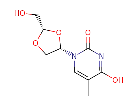 Molecular Structure of 145414-65-9 (1-[(2S,4S)-2-(hydroxymethyl)-1,3-dioxolan-4-yl]-5-methylpyrimidine-2,4(1H,3H)-dione)
