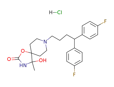 Molecular Structure of 134070-25-0 (8-[4,4-bis(4-fluorophenyl)butyl]-4-hydroxy-4-methyl-1-oxa-3,8-diazaspiro[4.5]decan-2-one hydrochloride)