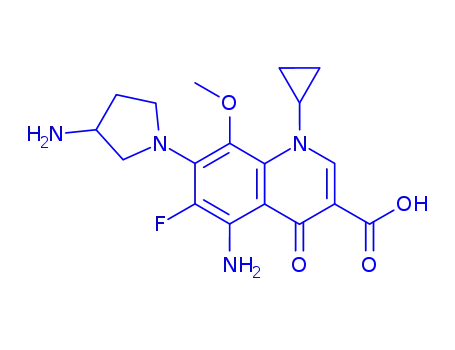 Molecular Structure of 146981-09-1 (5-amino-7-[(3S)-3-aminopyrrolidin-1-yl]-1-cyclopropyl-6-fluoro-8-methoxy-4-oxo-1,4-dihydroquinoline-3-carboxylic acid)