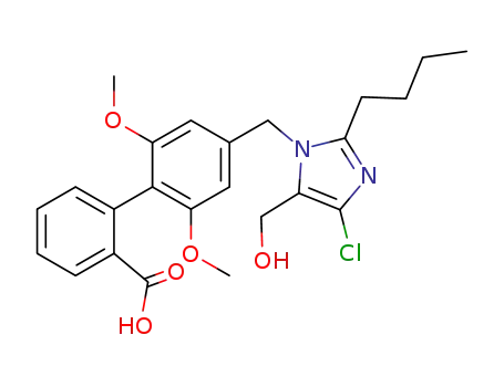 Molecular Structure of 134388-43-5 (4'-((2-butyl-4-chloro-5-(hydroxymethyl)-1H-imidazolyl)methyl)-2',6'-dimethoxy(1,1'-biphenyl)-2-carboxylic acid)