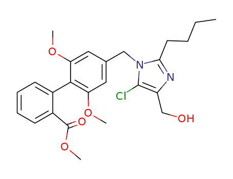 Molecular Structure of 134360-56-8 (4'-<<2-butyl-4-(hydroxymethyl)-5-chloro-1H-imidazolyl>methyl>-2',6'-dimethoxy<1,1'-biphenyl>-2-carboxylic acid methyl ester)