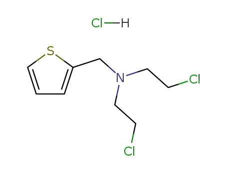 Molecular Structure of 14742-53-1 (2-chloro-N-(2-chloroethyl)-N-(thiophen-2-ylmethyl)ethanamine hydrochloride (1:1))
