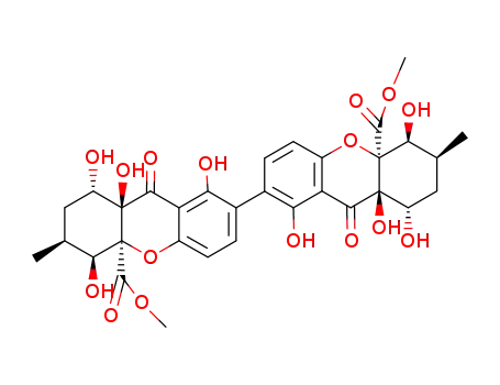 Molecular Structure of 14735-38-7 ((1S,1'S)-1,1',2,2',3,3',4,4',9,9',9a,9'a-Dodecahydro-1,1',4α,4'α,8,8',9aα,9'aα-octahydroxy-3α,3'α-dimethyl-9,9'-dioxo-7,7'-bi(4aH-xanthene)-4aβ,4'aβ-dicarboxylic acid dimethyl ester)