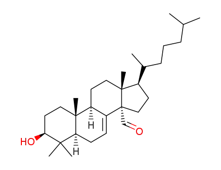Molecular Structure of 14772-54-4 ((3S,9R,10S,13R,14S,17R)-3-hydroxy-4,4,10,13-tetramethyl-17-[(2R)-6-met hylheptan-2-yl]-2,3,5,6,9,11,12,15,16,17-decahydro-1H-cyclopenta[a]phe nanthrene-14-carbaldehyde)