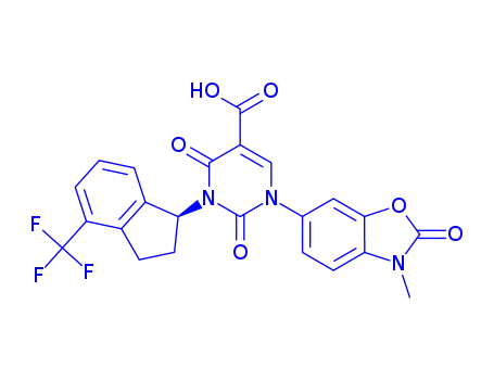 Molecular Structure of 1488354-15-9 (1-(3-methyl-2-oxo-2,3-dihydro-1,3-benzoxazol-6-yl)-2,4-dioxo-3-[(1S)-4-(trifluoromethyl)-2,3-dihydro-1H-inden-1-yl]-1,2,3,4-tetrahydropyrimidine-5-carboxylic acid)