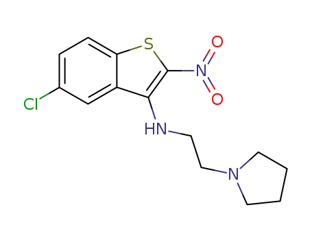 Molecular Structure of 149338-18-1 (5-chloro-2-nitro-N-(2-pyrrolidin-1-ylethyl)-1-benzothiophen-3-amine)