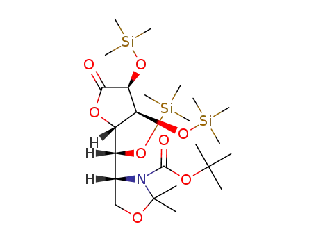 Molecular Structure of 135086-50-9 (tert-butyl 2,2-dimethyl-4-{(R)-{(2S,3S,4S)-5-oxo-3,4-bis[(trimethylsilyl)oxy]tetrahydrofuran-2-yl}[(trimethylsilyl)oxy]methyl}-1,3-oxazolidine-3-carboxylate (non-preferred name))