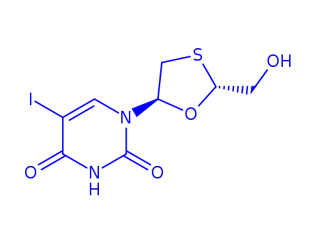 Molecular Structure of 149819-50-1 (2,4(1H,3H)-Pyrimidinedione, 1-[2-(hydroxymethyl)-1,3-oxathiolan-5-yl]- 5-iodo-, (2S-trans)-)