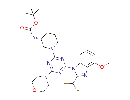 Molecular Structure of 1188915-59-4 (tert-butyl (R)-1-[4-[2-(difluoromethyl)-4-methoxy-1H-benzimidazol-1-yl]-6-(4-morpholinyl)-1,3,5-triazin-2-yl]piperidin-3-ylcarbamate)
