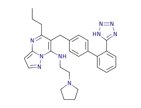 Molecular Structure of 151327-11-6 (5-Propyl-N-(2-(1-pyrrolidinyl)ethyl)-6-((2'-(1H-tetrazol-5-yl)(1,1'- biphenyl)-4-yl)methyl) pyrazolo(1,5-a)pyrimidin-7-amine)