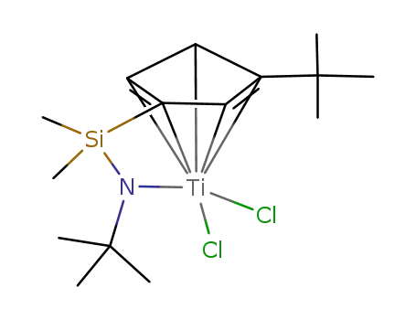 Molecular Structure of 128000-03-3 ({η5:η1-3-(tert-butyl)-1-{(tert-butylamido)dimethylsilyl}cyclopentadienyl}dichlorotitanium)