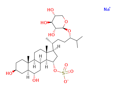 Molecular Structure of 115178-52-4 (b-D-Xylopyranoside, (3b,5a,6a,15a,24S)-3,6-dihydroxy-15-(sulfooxy)cholestan-24-yl,monosodium salt (9CI))