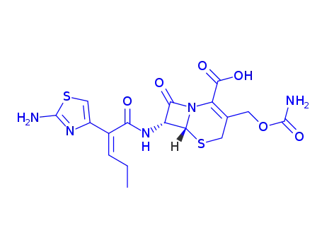 Molecular Structure of 135889-00-8 ((6R,7R)-3-[[(Aminocarbonyl)oxy]methyl]-7-[[(2Z)-2-(2-amino-4-thiazolyl)-1-oxo-2-pentenyl]amino]-8-oxo-5-thia-1-azabicyclo[4.2.0]oct-2-ene-2-carboxylic acid)