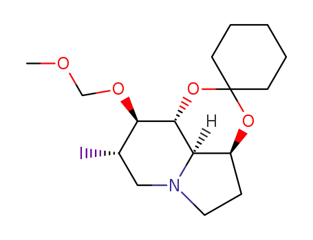 Spirocyclohexane-1,2-1,3dioxino4,5,6-hiindolizine, octahydro-8-iodo-9-(methoxymethoxy)-, 3aS-(3a.alpha.,8.alpha.,9.beta.,9a.beta.,9b.alpha.)-