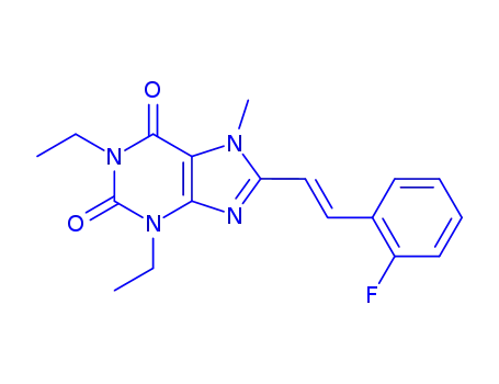Molecular Structure of 155271-91-3 ((E)-1,3-Diethyl-8-(2-(2-fluorophenyl)ethenyl)-7-methyl-3,7-dihydro-1H- purine-2,6-dione)