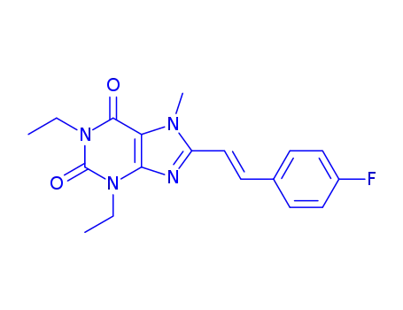 Molecular Structure of 155271-77-5 (1,3-diethyl-8-[(E)-2-(4-fluorophenyl)ethenyl]-7-methyl-3,7-dihydro-1H-purine-2,6-dione)